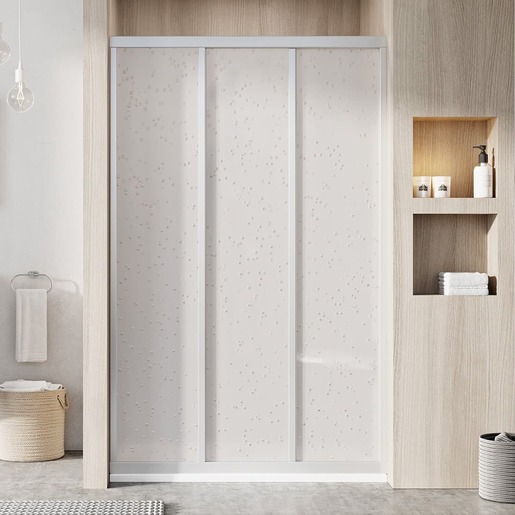 Sprchové dveře bez vaničky s profilom v bielej farbe a výplňou z nepriehľadného plastu s dekorom pearl. Posuvný systém otvárania. Ľavá i pravá orientácia.