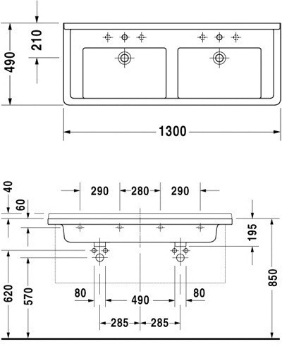 Dvojumývadlo Duravit Starck 3 130x48,5 cm 2 otvory pre batériu, s prepadom 0332130000