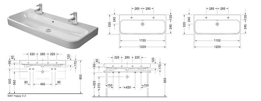 Umývadlo Duravit Happy D.2 120x50,5 cm s dvoma otvormi pre batériu 2318120024