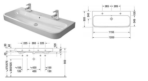 Umývadlo Duravit Happy D.2 120x50,5 cm s dvoma otvormi pre batériu 23181200261