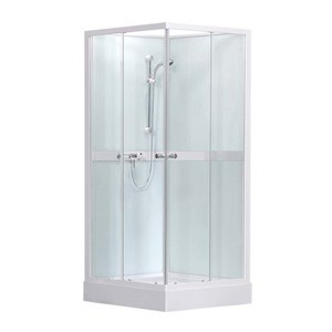 Sprchový box s vaničkou a farbou profilov v bielej farbe, výplň je z číreho skla bez dekoru. Posuvný systém otvárania.