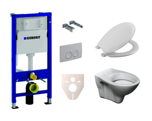 Závesný wc set - sada obsahuje WC nádržku Geberit a WC sedátko. WC doska je vyrobená z materiálu Duroplast. Ovládacie tlačidlo je z materiálu plast a je vo farebnom prevedení .