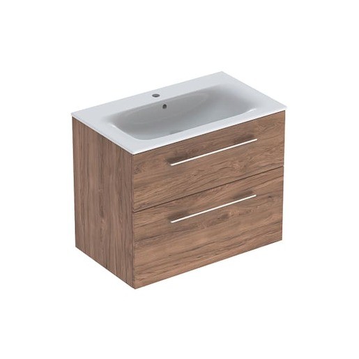 Závesná kúpeľňová skrinka s keramickým umývadlom v prevedení orech hickory o rozmere 80x50,2x65,2 cm. Povrch v prevedení lamino. S plnovýsuvom a doťahom.