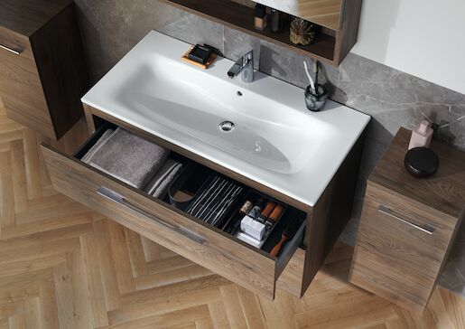 Kúpeľňová skrinka s umývadlom Geberit Selnova 100x50,2x65,2 cm v prevedení orech hickory 501.246.00.1