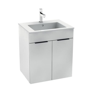 Závesná kúpeľňová skrinka s keramickým umývadlom v bielej farbe o rozmere 54x43x60,7 cm. S pomalým zatváraním.