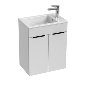 Závesná kúpeľňová skrinka s keramickým umývadlom v bielej farbe o rozmere 50,5x34x62,2 cm. S pomalým zatváraním.