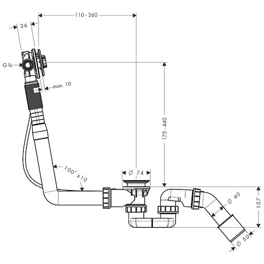 Hansgrohe Exafill Základné teleso pre vrchnú sadu vaňového výtoku S s odtokovou a prepadovou súpravou pre normálne vane - 58115180