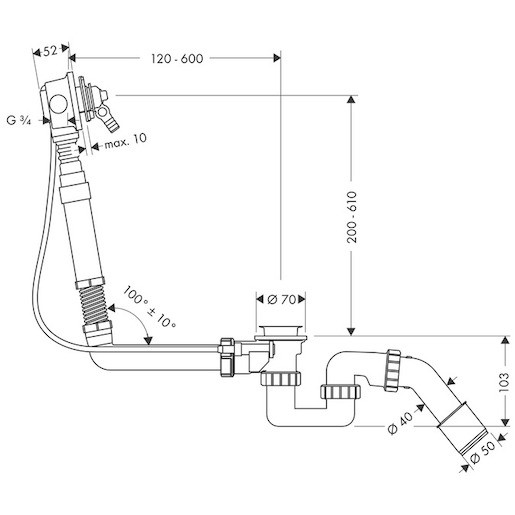 Hansgrohe Exafill Základné teleso pre vrchnú sadu vaňového výtoku s odtokovou a prepadovou súpravou pre špeciálne vane - 58126180