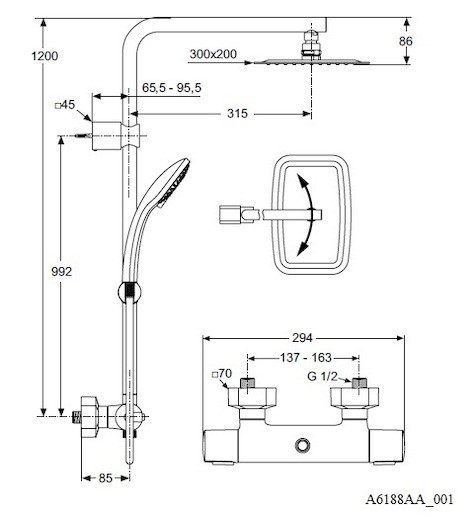 Sprchový systém Ideal Standard Idealrain s termostatickou batériou chróm A6188AA