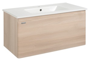 Závesná kúpeľňová skrinka s keramickým umývadlom v dekore akácie o rozmere 100x45x46 cm. Povrch v prevedení fólie. S plnovýsuvom a doťahom.