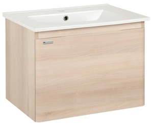 Závesná kúpeľňová skrinka s keramickým umývadlom v dekore akácie o rozmere 60x45x46 cm. Povrch v prevedení fólie. S plnovýsuvom a doťahom.