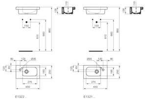 Umývadielko Ideal Standard Connect Space 45x25 cm odkladacia plocha vpravo E132101