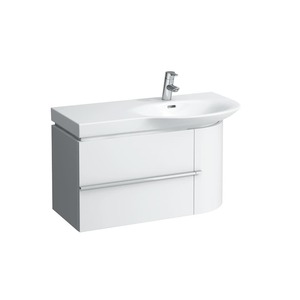 Závesná kúpeľňová skrinka pod umyvadlo v bielej farbe s lesklým povrchom o rozmere 84x45x37,5 cm.