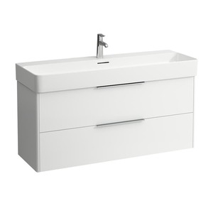 Závesná kúpeľňová skrinka pod umyvadlo v bielej farbe s lesklým povrchom o rozmere 118x52,5x39 cm.