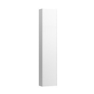 Závesná kúpeľňová skrinka vysoká v bielej farbe s lesklým povrchom o rozmere 35x165x18,5 cm. S doťahom dvierok. Dvierka majú ľavé otváranie.