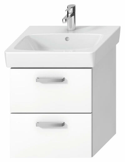 Závesná kúpeľňová skrinka pod umyvadlo v bielej farbe o rozmere 49x41,6x55 cm.
