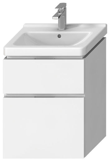Závesná kúpeľňová skrinka pod umyvadlo v bielej farbe o rozmere 59x43,1x68,3 cm.