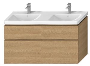Závesná kúpeľňová skrinka pod umyvadlo v dekore dub o rozmere 128x46,7x68,3 cm.