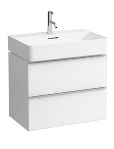 Závesná kúpeľňová skrinka pod umyvadlo v bielej farbe s matným povrchom o rozmere 64x41x52 cm.