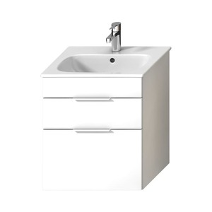 Závesná kúpeľňová skrinka s keramickým umývadlom v bielej farbe o rozmere 55x60,7x43 cm.