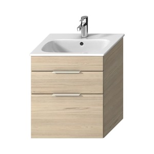 Závesná kúpeľňová skrinka s keramickým umývadlom v dekore jaseň o rozmere 55x60,7x43 cm.