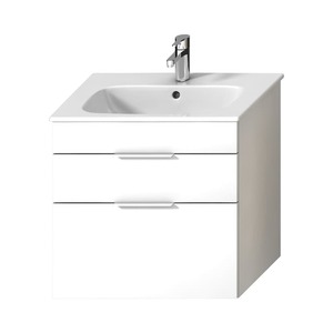 Závesná kúpeľňová skrinka s keramickým umývadlom v bielej farbe o rozmere 65x60,7x43 cm.