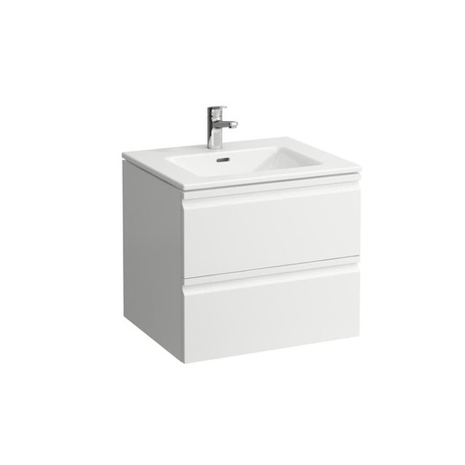 Závesná kúpeľňová skrinka s keramickým umývadlom v bielej farbe s matným povrchom o rozmere 60x44x50 cm.