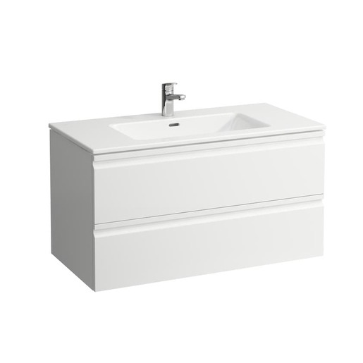 Závesná kúpeľňová skrinka s keramickým umývadlom v bielej farbe s matným povrchom o rozmere 100x44x50 cm.