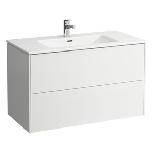 Závesná kúpeľňová skrinka s keramickým umývadlom v bielej farbe s matným povrchom o rozmere 100x61x50 cm.