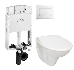 Závesný wc set - sada obsahuje modul na zamurovanie, WC nádržku Jika, WC a sedátko. WC doska je vyrobená z materiálu thermoplast. Ovládacie tlačidlo je z materiálu plast a je vo farebnom prevedení .