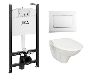 Závesný wc set - sada obsahuje modul do ľahkých stien / predstenová, WC nádržku Jika, WC a sedátko. WC doska je vyrobená z materiálu thermoplast. Ovládacie tlačidlo je z materiálu plast a je vo farebnom prevedení .