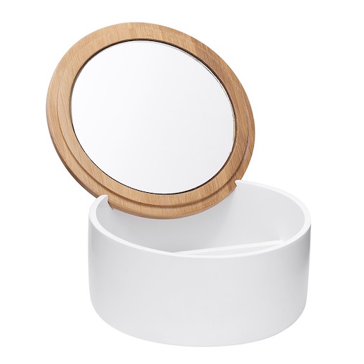 SIKO elegantný voľne stojaci kozmetický box LIBRA, ktorého súčasťou je praktické zrkadlo, slúži na ukladanie odličovacích tampónov a potrieb. Vďaka kombinácii bielej keramiky a dreveného materiálu sa hodí ako dizajnový doplnok do každej kúpeľne.