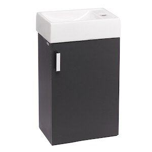Závesná kúpeľňová skrinka s keramickým umývadlom v šedej farbe o rozmere 40x22,1x67,5 cm. Dvierka majú ľavé i pravé otváranie.