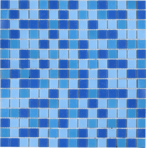 Sklenená mozaika v modrej farbe o rozmere 32,7x32,7 cm a hrúbkou 4 mm s matným povrchom. Základný prvok v tvare štvorca o rozmere 2x2 cm.