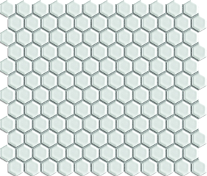 Mrazuvzdorná keramická mozaika v bielej farbe o rozmere 26x30 cm a hrúbkou 5 mm s lesklým povrchom. Základný prvok v tvare hexagon (šesťhran) o rozmere 2,6x2,6 cm.