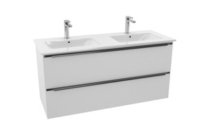 Závesná kúpeľňová skrinka s keramickým dvojumývadlom v bielej farbe s lesklým povrchom o rozmere 120x60x46 cm. Povrch v prevedení lamino. S plnovýsuvom a doťahom.