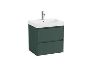Závesná kúpeľňová skrinka s keramickým umývadlom v zelenej farbe s matným povrchom o rozmere 60x64,5x46 cm. Povrch v prevedení lamino. Plnovýsuv s doťahom, bez sifónu, s vnút.organizérom.