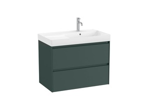 Závesná kúpeľňová skrinka s keramickým umývadlom v zelenej farbe s matným povrchom o rozmere 80x64,5x46 cm. Povrch v prevedení lamino. Plnovýsuv s doťahom, bez sifónu, s vnút.organizérom.