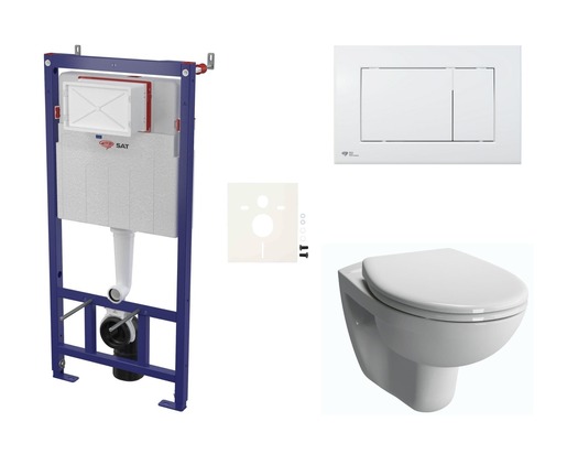 Závesný wc set - sada obsahuje modul do ľahkých stien / predstenová, WC nádržku SAT a WC sedátko. WC doska je vyrobená z materiálu Duroplast. Ovládacie tlačidlo je z materiálu plast a je vo farebnom prevedení biela lesklý.