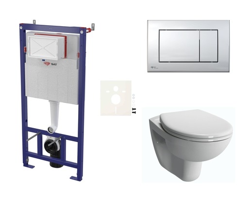 Závesný wc set - sada obsahuje modul do ľahkých stien / predstenová, WC nádržku SAT a WC sedátko. WC doska je vyrobená z materiálu Duroplast. Ovládacie tlačidlo je z materiálu plast a je vo farebnom prevedení chróm lesk.