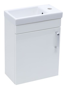Závesná kúpeľňová skrinka s keramickým umývadlom v bielej farbe s lesklým povrchom o rozmere 40x50x22 cm. s fóliovaným povrchom S pomalým zatváraním. Dvierka majú ľavé i prvé otváranie.