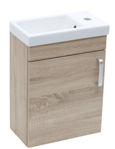 Závesná kúpeľňová skrinka s keramickým umývadlom dub bardolino s matným povrchom o rozmere 40x50x22 cm. Povrch v prevedení lamino. S pomalým zatváraním. Dvierka majú ľavé i prvé otváranie.