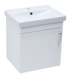 Závesná kúpeľňová skrinka s keramickým umývadlom v bielej farbe s lesklým povrchom o rozmere 50x51x40 cm. s fóliovaným povrchom S pomalým zatváraním. Dvierka majú ľavé i prvé otváranie.