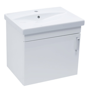 Závesná kúpeľňová skrinka s keramickým umývadlom v bielej farbe s lesklým povrchom o rozmere 60x51x40 cm. s fóliovaným povrchom S pomalým zatváraním. Dvierka majú ľavé i prvé otváranie.