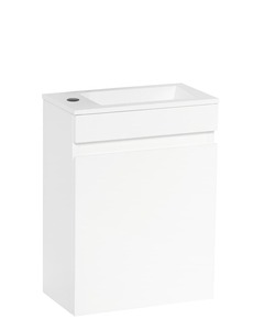 Závesná kúpeľňová skrinka s umývadlom z liateho mramoru v bielej farbe s lesklým povrchom o rozmere 40x53,2x22 cm. S lakovaným povrchom. S pomalým zatváraním. Dvierka majú ľavé i pravé otváranie.
