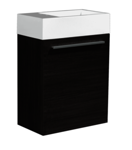 Závesná kúpeľňová skrinka s umývadlom z liateho mramoru tmavé dřevo o rozmere 46x63x26 cm. Povrch v prevedení lamino. S pomalým zatváraním. Dvierka majú ľavé i pravé otváranie.