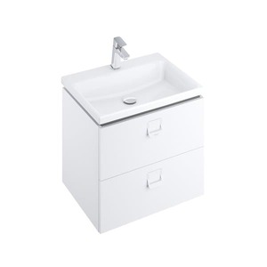 Závesná kúpeľňová skrinka pod umývadlo v bielej farbe s lesklým povrchom o rozmere 60x50x46 cm. s povrchom z MDF dosky.