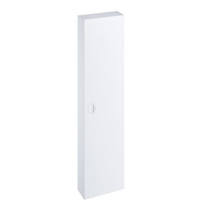Závesná kúpeľňová skrinka vysoká v bielej farbe s lesklým povrchom o rozmere 40x160x16,5 cm. s povrchom z MDF dosky S doťahom dvierok. Dvierka majú ľavé i prvé otváranie.