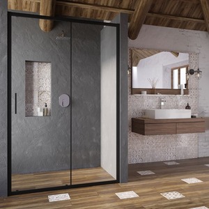 Sprchové dvere posuvné dvojdielne. Ideálne riešenie na vytvorenie sprchového priestoru v nike so šírkou 100 alebo 120 cm. V lesklej alebo čiernej farbe rámu. Posuvný systém otvárania. Ľavá aj pravá orientácia.