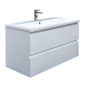 Závesná kúpeľňová skrinka s umývadlom z liateho mramoru v bielej farbe s lesklým povrchom. Povrch v prevedení lamino.
